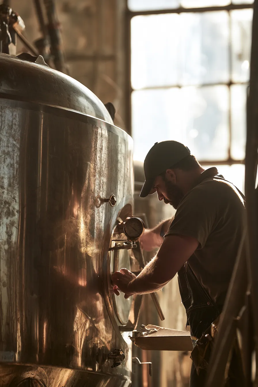 Brewery worker reading a tank gauge — checking the real number, the habit this page exists to teach