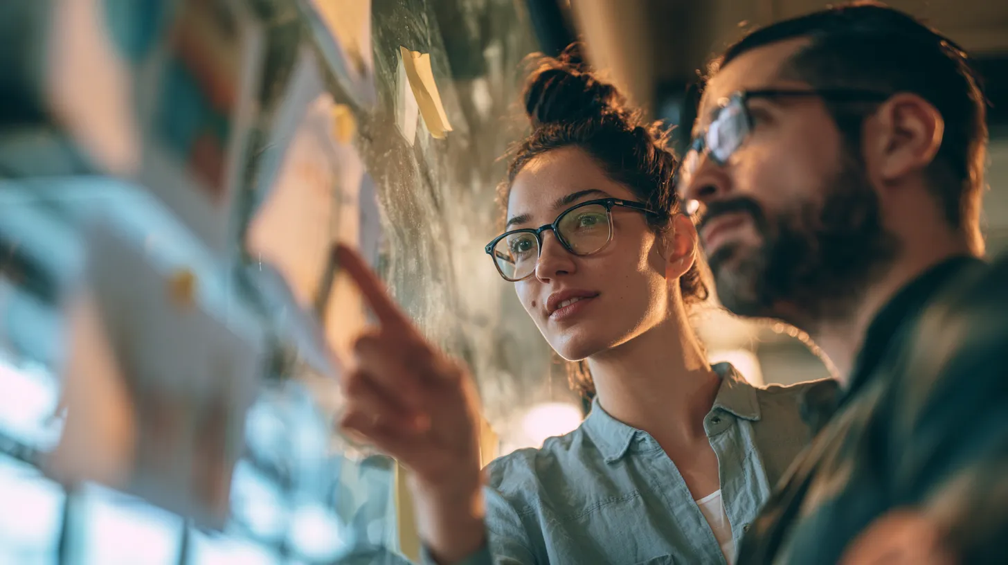 Two analysts comparing personal loan lenders on a glass wall chart
