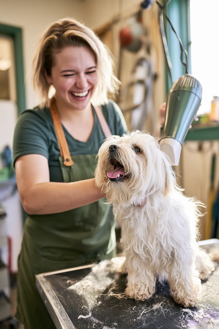 Dog groomer and a very pleased customer mid-laugh at the grooming table