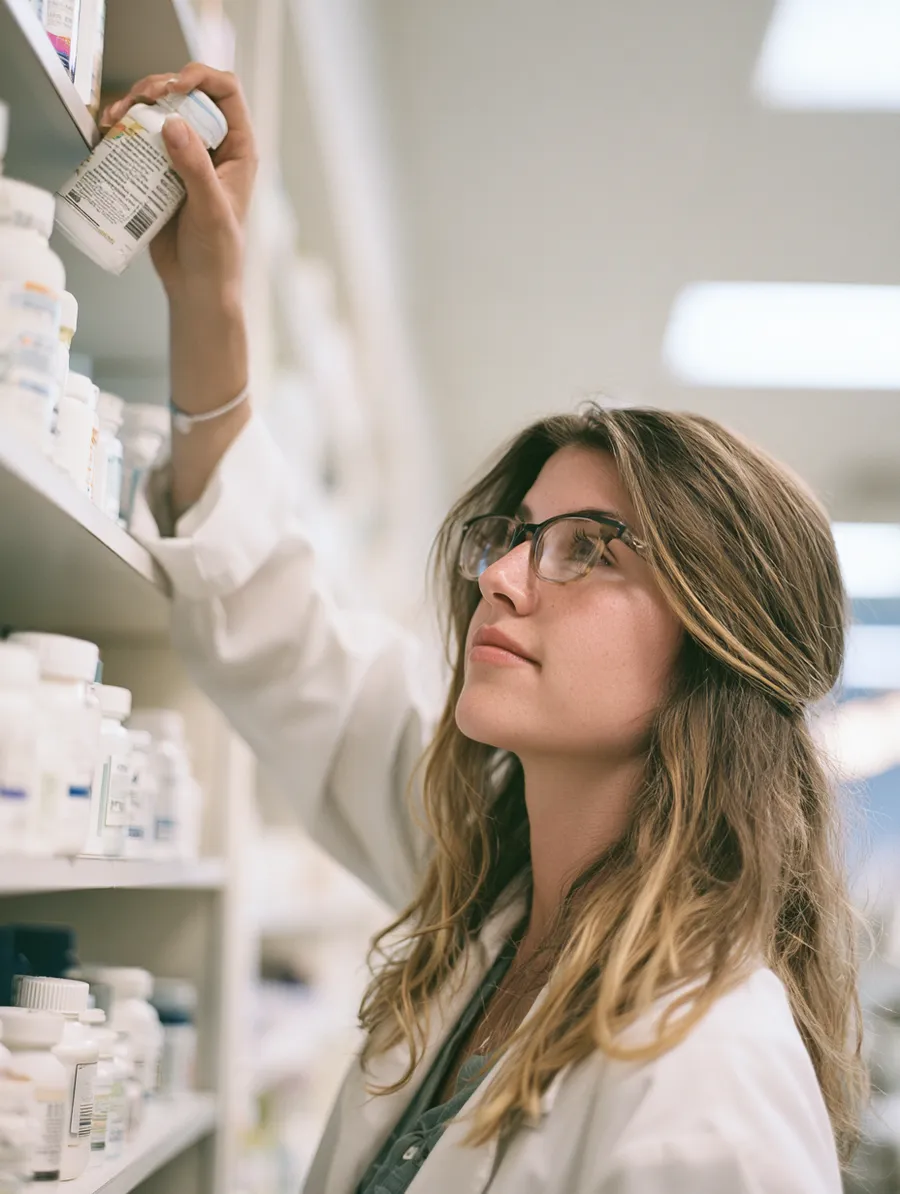 Pharmacist reaching for a labeled bottle — documentation in order, exactly where it should be