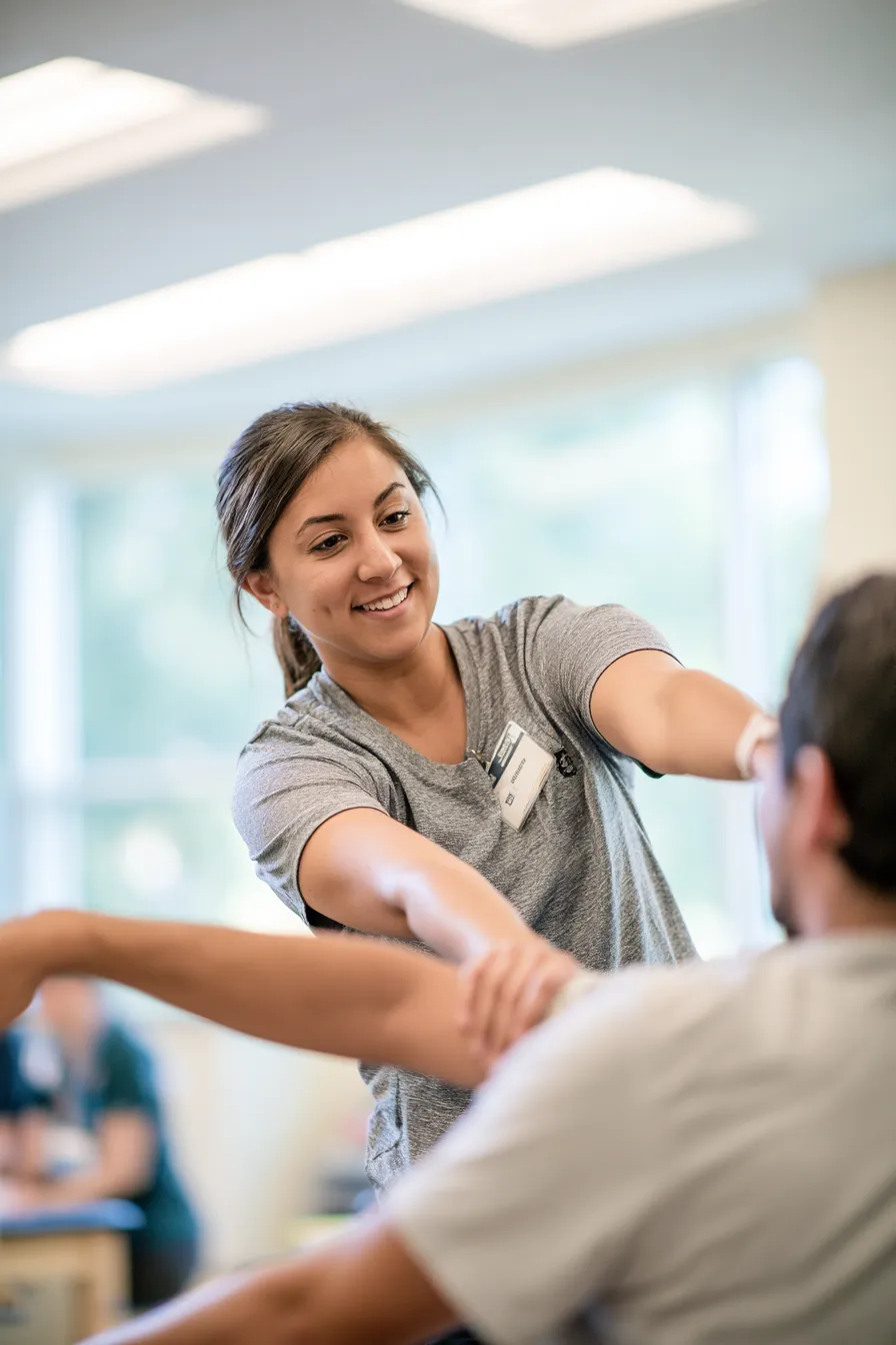 Physical therapist guiding a patient through a supported stretch — structured recovery, one scheduled session at a time
