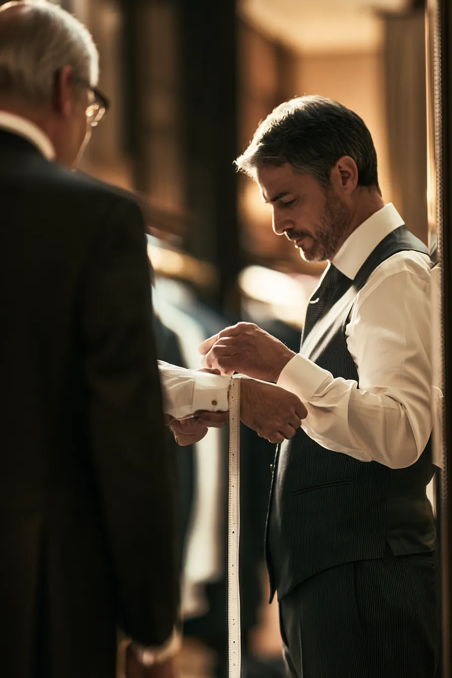 Tailor measuring a customer's sleeve — fit is the entire question, in suits and in lending