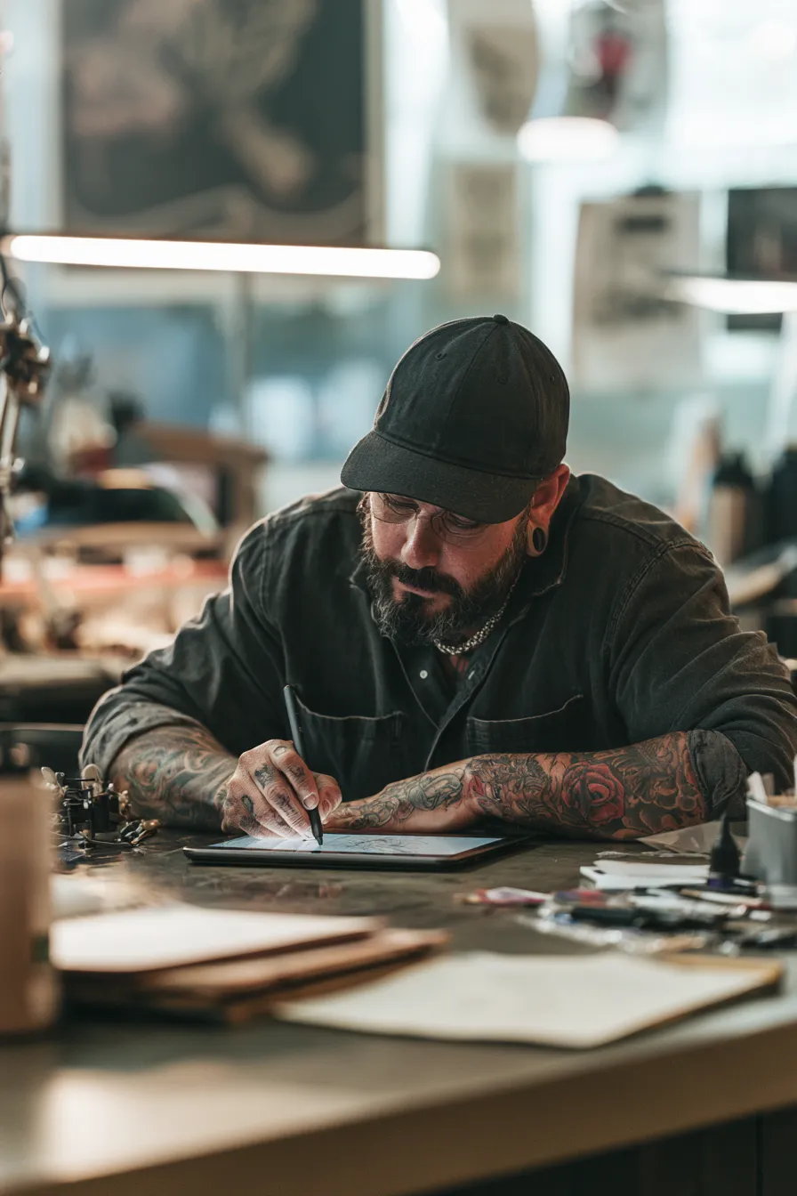 Tattoo artist sketching a design on a tablet before any needle moves — the plan precedes the commitment