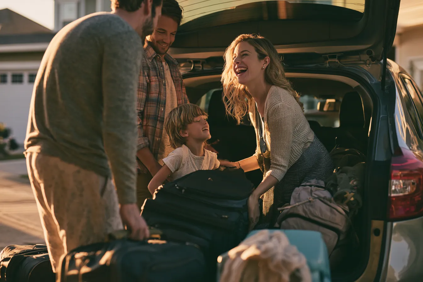 Family loading suitcases for a trip funded with a vacation loan