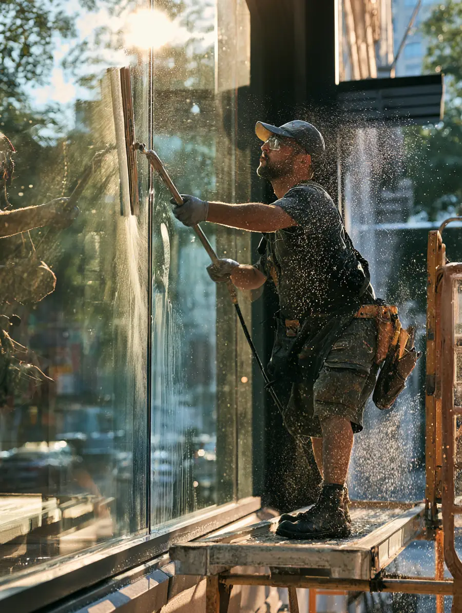 Window cleaner working a storefront at morning, back on the job after an emergency repair